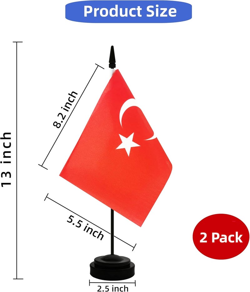 Rotenl 2 Pack Turkey Desk Flag, Turkish Table Office Flag with Solid Pole and Stand Base, International Country Flag, Festival Celebration, Classroom Meeting Desktop Decoration (Turkey) - Image 2